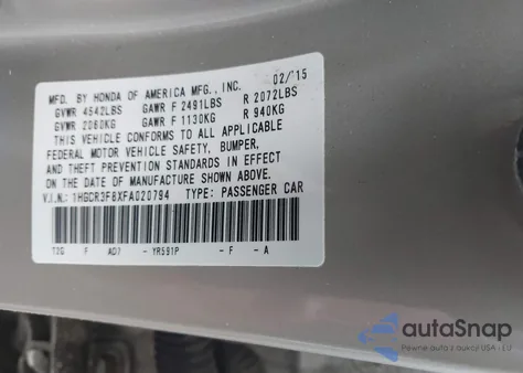 2015 Honda Accord Ex-L V-6 из США, поврежденный, VIN 1HGCR3F8XFA020794